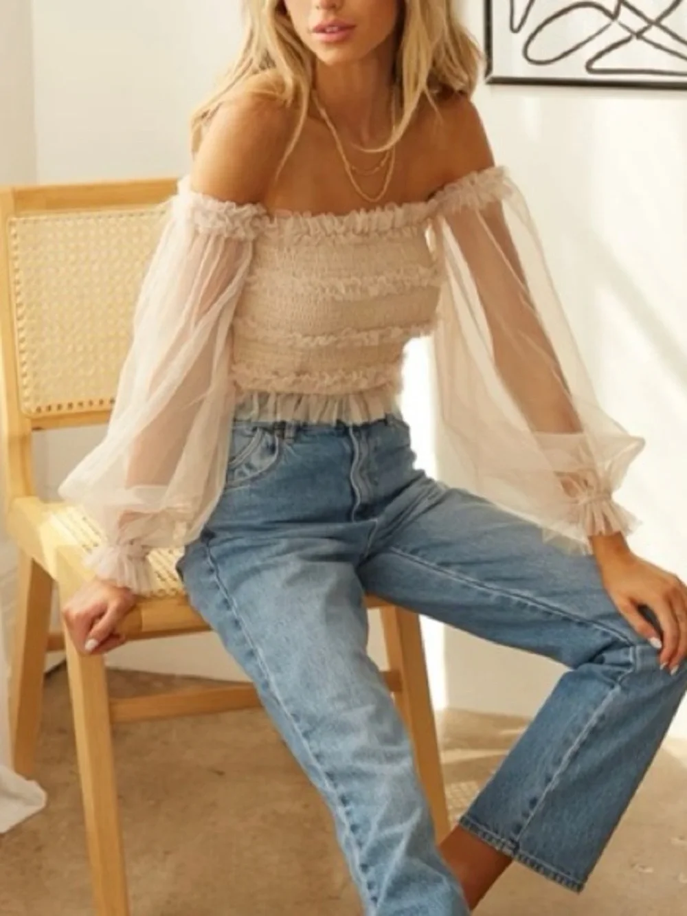Mable x Anthropologie Romantic Smocked Tulle Tube Cropped Top Neutral Large NEW - Picture 9 of 9